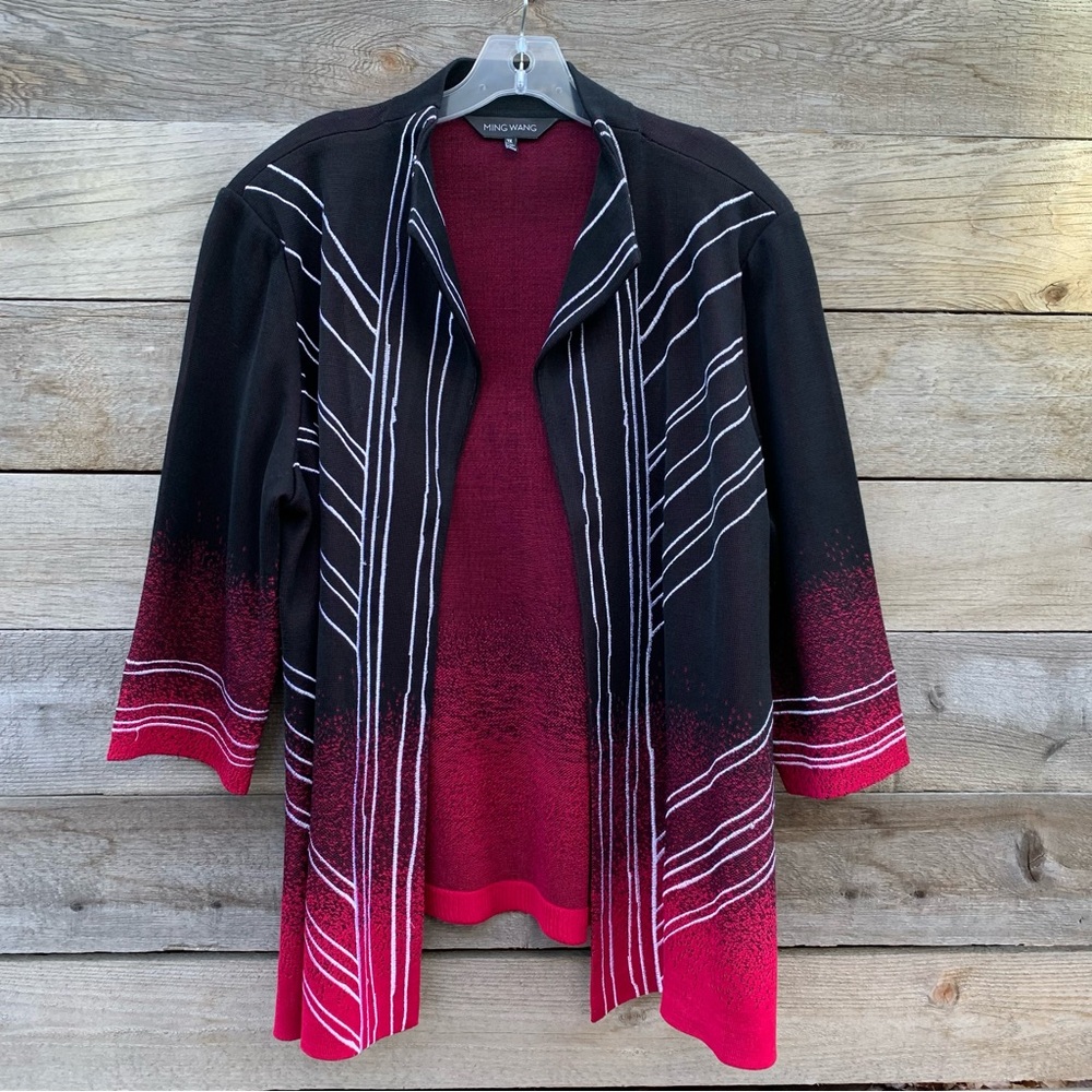 Ming Wang Black and Burgundy Open Front Cardigan with Abstract Stripe Detail